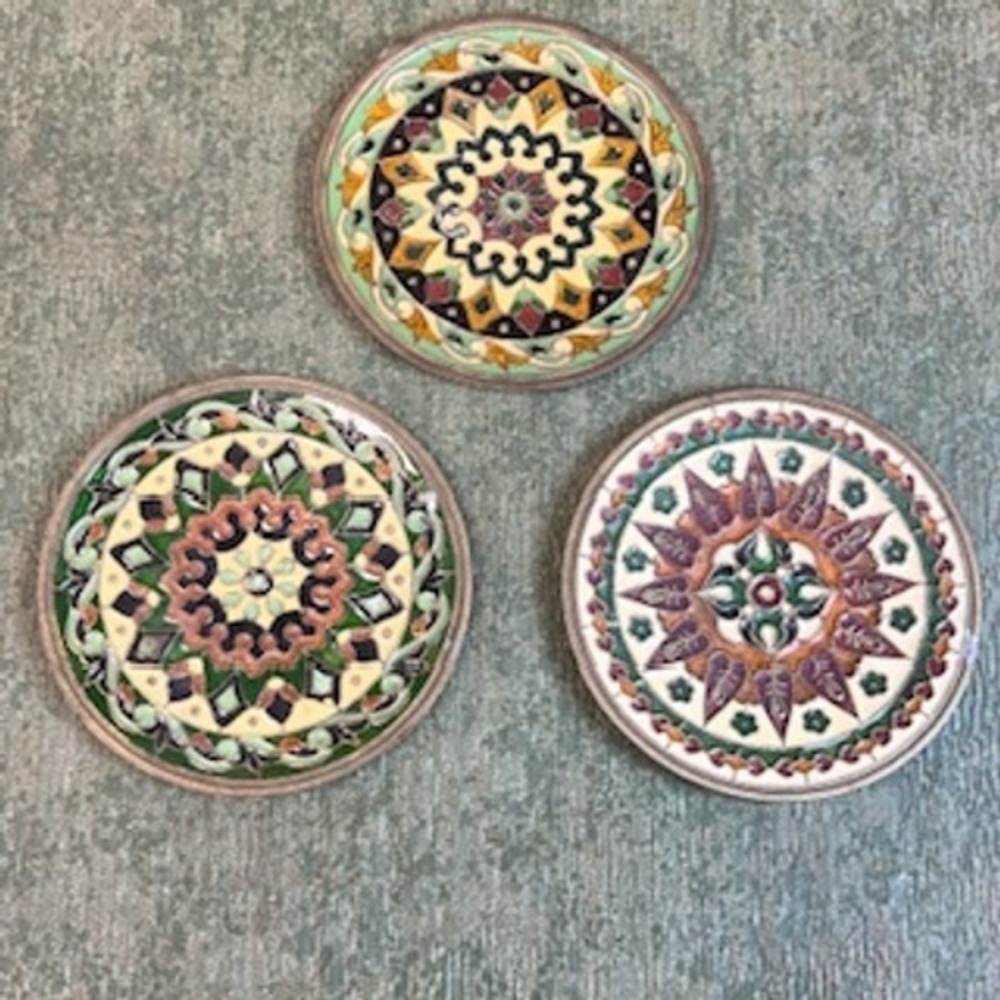 Set of 3‎ Vintage Enamel Metal Wall Plates Mandala Cloisonne Style Decor 4.75"